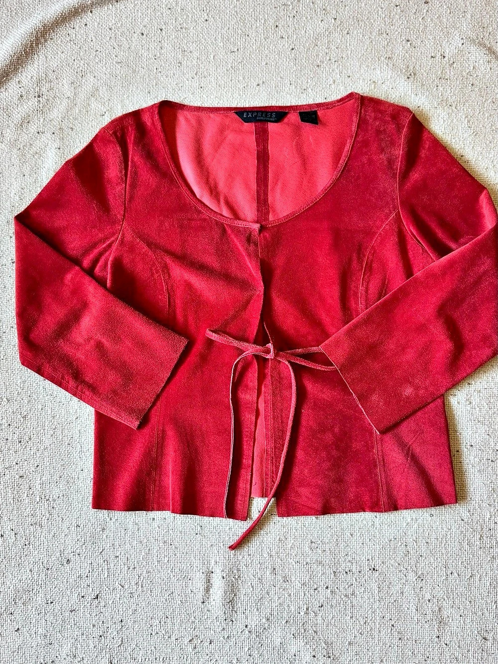 Vintage Express Women’s 12 Red Genuine Leather Tie Front Jacket Y2K Cropped